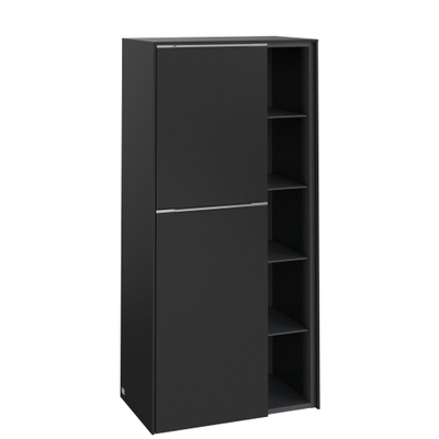 Villeroy & boch subway 3.0 armoire de salle de bains 60x35x120cm avec 2 portes à fermeture douce à gauche 5 compartiments ouverts en saillie avec poignée en aluminium brillant volcano noir panneau de particules