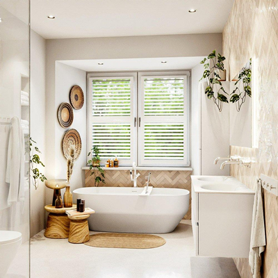 MONDIAZ VICA meuble sous lavabo 120cm Talc 2 tiroirs. Lavabo MOON double sans trou de robinet, couleur Talc.