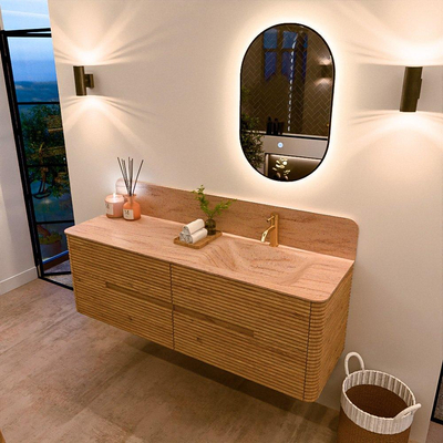 Mondiaz CIRO-DLUX Ensemble de meubles de salle de bains - 150x45x50cm - vasque solid surface Saba - 1 lavabo à droite - 1 trou de robinet - 4 tiroirs - Chêne