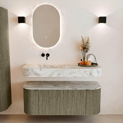 MONDIAZ THOR-DLUX 120cm meuble de salle de bains arrondi gauche + droite couleur Shadow avec 1 tiroir et 2 portes. Vasque suspendue CLOUD Gauche sans trou de robinet couleur Glace.