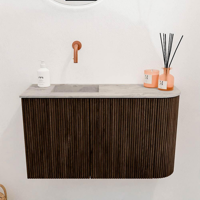 Mondiaz JOYA-DLUX 71.6cm toiletmeubel - ronding rechts kleur Walnut - Wastafel FAYE positie Links Zonder kraangat kleur Glace.