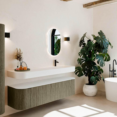 MONDIAZ THOR 170cm meuble de salle de bains arrondi gauche + droite couleur Shadow avec 1 tiroir et 2 portes. Vasque suspendue CLOUD Droite 1 trou de robinet couleur Talc.