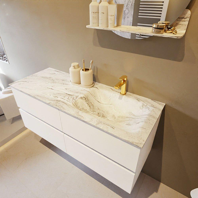 Mondiaz VICA-DLUX ensemble de meuble de salle de bain - 120cm - meuble sous lavabo talc - 4 tiroirs - lavabo encastré cloud droite - 1 trou de robinet - version haute de 60cm - glace