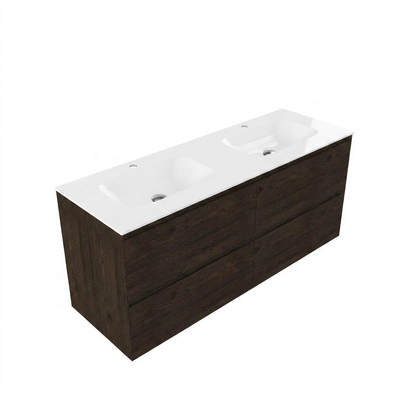 Saniclass Holz Pure Ensemble de meuble de salle de bains - 140x45x61.5cm - Vasque Flow en solid surface blanc - 2 vasques - 2 trous de robinet - 4 tiroirs - chêne charcoal mat (bois)