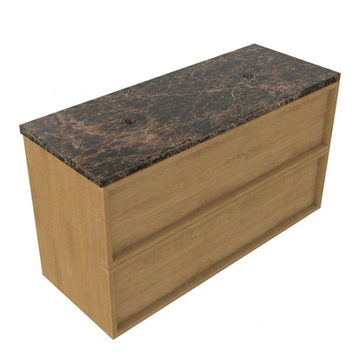 Saniclass Holz Frame Ensemble meuble de salle de bains - 120x45x63cm - Plan de travail en pierre naturelle Noche dark emperador - sans trou de robinet - 2 tiroirs - chêne natural mat (bois)