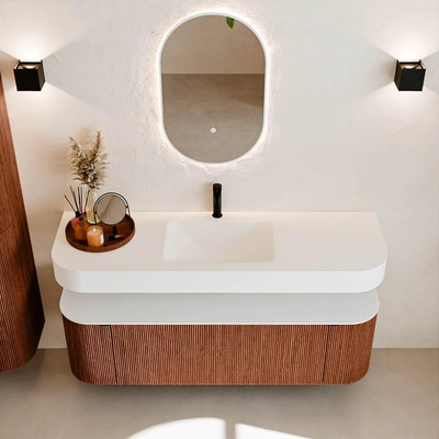 MONDIAZ THOR 150cm meuble de salle de bains arrondi gauche + droite couleur Ruby avec 1 tiroir et 2 portes. Vasque suspendue CLOUD Milieu 1 trou de robinet couleur Talc.