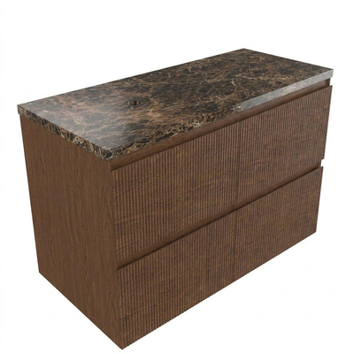 Saniclass Holz Atelier Ensemble meuble de salle de bains - 120x45x63cm - Plan de travail en pierre naturelle Noche dark emperador - sans trou de robinet - 2 tiroirs - walnut pure mat (bois)