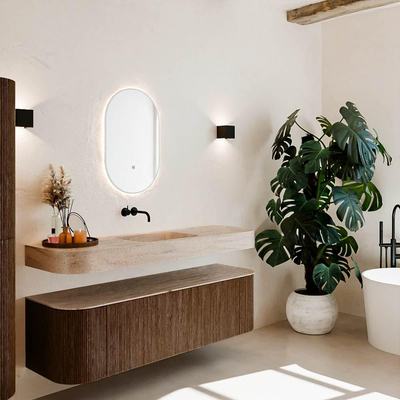 MONDIAZ THOR-DLUX 160cm meuble de salle de bains arrondi gauche + droite couleur Walnut avec 1 tiroir et 2 portes. Vasque suspendue CLOUD Milieu sans trou de robinet couleur Saba.