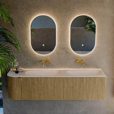 MONDIAZ KURVE-DLUX Meuble de salle de bains 165cm arrondi à gauche couleur Dusk avec 2 tiroirs et 1 porte. Lavabo STOR SMALL Double / Droite sans trou de robinet Meli.