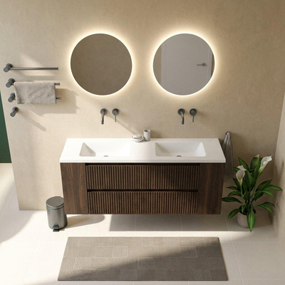 Saniclass Holz Atelier Ensemble de meuble de salle de bains - 160x45x77.5cm - lavabo Torino en solid surface blanc - sans trou de robinetterie - 4 tiroirs - chêne charcoal mat (bois)