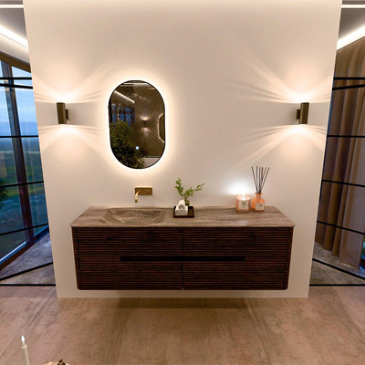 Mondiaz CIRO-DLUX Badkamermeubelset - 160x45x50cm - Solid surface wastafel Oza - 1 wasbak Links - zonder kraangaten - 4 lades - Walnut
