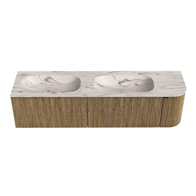 MONDIAZ KURVE-DLUX 175cm meuble de salle de bains avec arrondi à droite couleur Dusk avec 2 tiroirs et 1 porte. Lavabo STOR SMALL Double / Gauche 2 trous de robinet Nata.