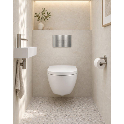 QeramiQ Dely Swirl Compact Toiletset - inbouwreservoir QeramiQ flush - 25mm zitting - metalen bedieningsplaat RVS - rechthoekige knoppen - glans wit