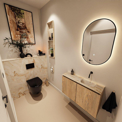 MONDIAZ TURE-DLUX Meuble de toilette 80cm Chêne lavé. Lavabo EDEN Frappe position droite. Sans trou de robinet.