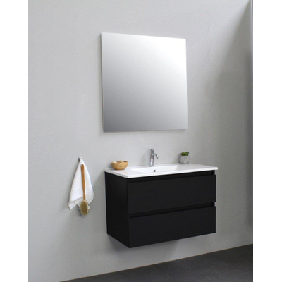 Basic Bella Meuble lavabo céramique avec 1 trou de robinet 80x55x46cm Flat Pack Noir mat