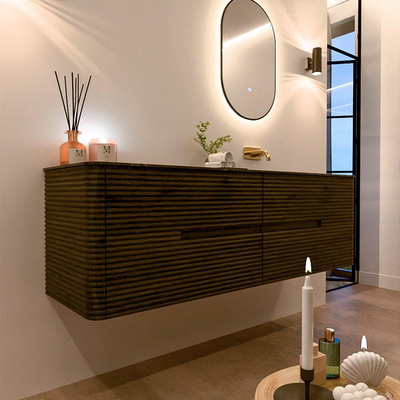 Mondiaz CIRO-DLUX Ensemble de meubles de salle de bains - 160x45x50cm - plan-vasque Solid surface Lava - 1 vasque à droite - sans trous de robinet - 4 tiroirs - Shadow