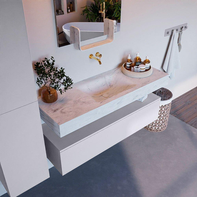 Mondiaz ALAN-DLUX Ensemble de meuble - 130cm - meuble Cale mat - 1 tiroir - Lavabo Cloud Opalo suspendu - vasque Centre - 0 trous de robinet