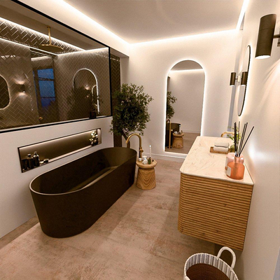 Mondiaz CIRO-DLUX Meuble de salle de bains - 140x45x50cm - Vasque solid surface Ostra - 1 bassin à gauche - sans trous de robinet - 4 tiroirs - Chêne