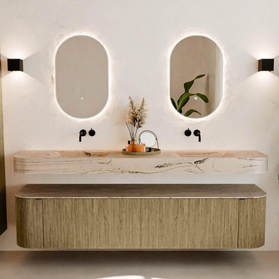 MONDIAZ THOR-DLUX Meuble de salle de bains - 200cm - arrondi gauche + droite - couleur Dusk - 2 tiroirs et 2 portes - Vasque suspendue CLOUD Double sans trou de robinet - couleur Arena