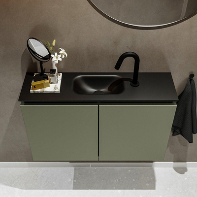 MONDIAZ TURE Fonteinset - 80x23x50cm - 1 kraangat - 2 deuren - army mat - Wasbak midden - Solid Surface Zwart