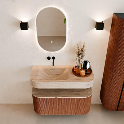 MONDIAZ THOR-DLUX 100cm meuble de salle de bains arrondi gauche + droite couleur Ruby avec 1 tiroir et 2 portes. Vasque suspendue CLOUD Gauche sans trou de robinet couleur Saba.