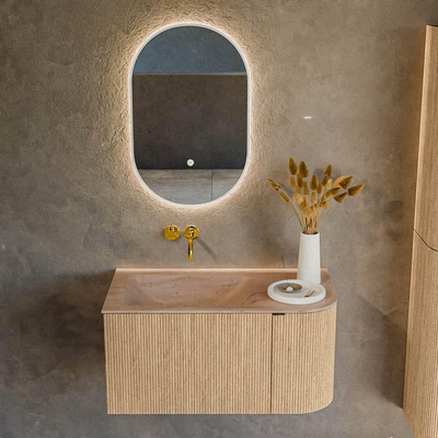 MONDIAZ KURVE-DLUX 85cm badmeubel ronding Rechts kleur Oak met 1 lade en 1 deur. Wastafel CLOUD Links zonder kraangat Saba.