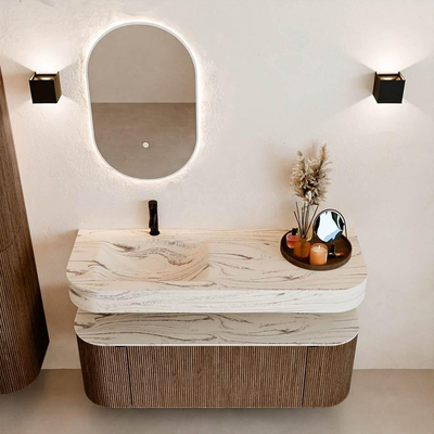 MONDIAZ THOR-DLUX 130cm badmeubel ronding links + rechts kleur Walnut met 1 lade en 2 deuren. Vrijhangende wastafel CLOUD Links 1 kraangat kleur Nata.