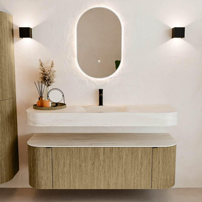 MONDIAZ THOR-DLUX 140cm meuble de salle de bains arrondi gauche + droite couleur Dusk avec 1 tiroir et 2 portes. Vasque suspendue CLOUD Milieu 1 trou de robinet couleur Meli.