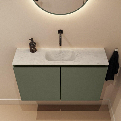 MONDIAZ TURE-DLUX Meuble toilette - 80cm - Army - EDEN - vasque Opalo - position centrale - sans trou de robinet