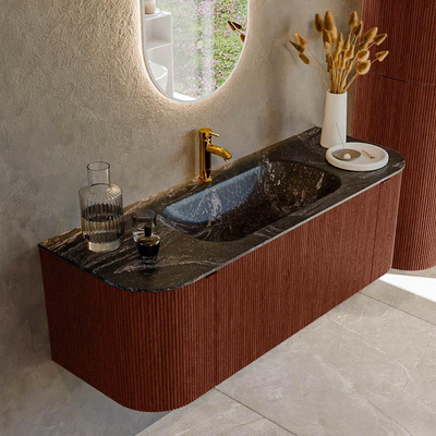 Ensemble de meuble de salle de bain Mondiaz KURVE-DLUX - 130x46x40cm - 1 tiroir - 2 portes - lavabo en solid surface - milieu - 1 trou de robinet - Ruby