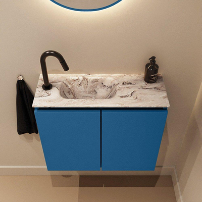 MONDIAZ TURE-DLUX Meuble toilette - 60cm - Jeans - EDEN - vasque Glace - position gauche - 1 trou de robinet