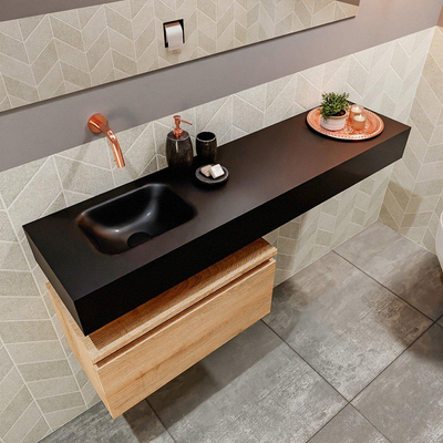 MONDIAZ ANDOR Toiletmeubel 120x30x30cm met 0 kraangaten 1 lades washed oak mat Wastafel Lex links Solid Surface Zwart