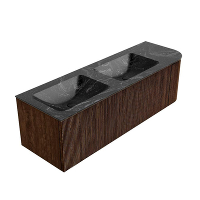 MONDIAZ KURVE-DLUX 145cm badmeubel met module 25 R kleur Walnut met 1 lade en 1 deur. Wastafel LEAF dubbel / links 2 kraangaten kleur Lava.