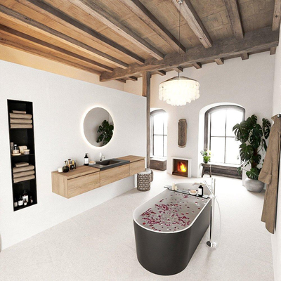 MONDIAZ BUKLA 200cm badmeubel met module 60 kleur Washed Oak met 3 lades. Wastafel CLOUD midden 1 kraangat kleur Urban.