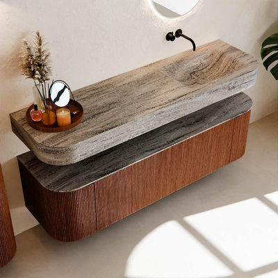 MONDIAZ THOR-DLUX 160cm meuble de salle de bains arrondi gauche + droite couleur Ruby avec 1 tiroir et 2 portes. Vasque suspendue CLOUD Droite sans trou de robinet couleur Oza.