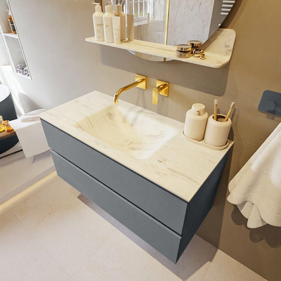 Mondiaz VICA-DLUX ensemble de meuble de salle de bain - 100cm - meuble sous-vasque plata - 2 tiroirs - lavabo encastrée cloud milieu - sans trous de robinet - version haute de 60cm - opalo