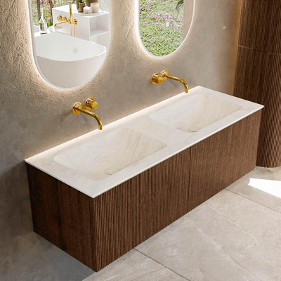MONDIAZ KURVE-DLUX 130cm badmeubel kleur Walnut met 2 lades. Wastafel LEAF dubbel zonder kraangat kleur Opalo.