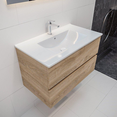 Mondiaz VICA Meuble Washed oak avec 2 tiroirs 80x50x45cm vasque lavabo Denia centre 1 trou de robinet