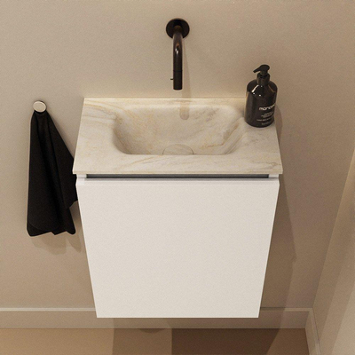 MONDIAZ TURE-DLUX Meuble toilette - 40cm - Talc - EDEN - vasque Ostra - position centrale - sans trou de robinet