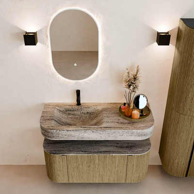 MONDIAZ THOR-DLUX 110cm meuble de salle de bains arrondi gauche + droite couleur Dusk avec 1 tiroir et 2 portes. Vasque suspendue CLOUD Gauche 1 trou de robinet couleur Oza.