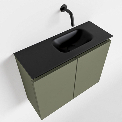 MONDIAZ TURE Toiletmeubel 60x23x50cm met 0 kraangaten 2 deuren army mat Wastafel Eden rechts Solid Surface Zwart