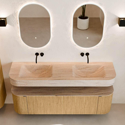 MONDIAZ THOR-DLUX 160cm badmeubel ronding links + rechts kleur Oak met 1 lade en 2 deuren. Vrijhangende wastafel CLOUD Dubbel zonder kraangat kleur Saba.