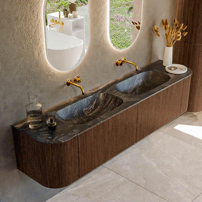 MONDIAZ KURVE-DLUX meuble de salle de bains 190cm avec module 25 Len R couleur Walnut avec 2 tiroirs et 2 portes. Lavabo STOR SMALL double sans trou de robinet couleur Lava.