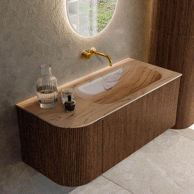 MONDIAZ KURVE-DLUX 105cm badmeubel ronding Links kleur Walnut met 1 lade en 1 deur. Wastafel BIG SMALL Rechts zonder kraangat Arena.