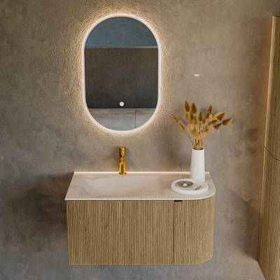 MONDIAZ KURVE-DLUX Meuble de salle de bains 85cm arrondi à droite couleur Dusk avec 1 tiroir et 1 porte. Lavabo CLOUD à gauche 1 trou de robinet Meli.