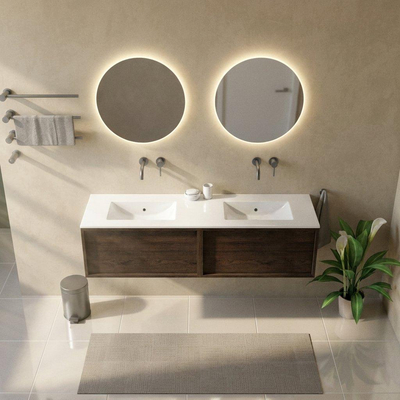 Saniclass Holz Frame Ensemble de meuble de salle de bains - 160x45x42cm - Vygo lavabo en céramique blanc - 2 vasques - sans trous de robinetterie - 2 tiroirs - chêne charcoal mat (bois)