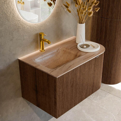 MONDIAZ KURVE-DLUX Meuble de salle de bains 75cm arrondi Droite couleur Walnut avec 1 tiroir et 1 porte. Lavabo GRUNNE Gauche 1 trou de robinet Saba.