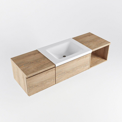 MONDIAZ BUKLA Meuble de salle de bains 140 cm avec module ouvert 40 à droite couleur Chêne blanchi avec 2 tiroirs. Lavabo CLOUD central 1 trou de robinet couleur Talc.