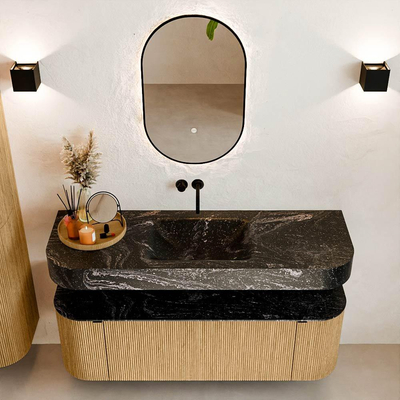 MONDIAZ THOR-DLUX 140cm meuble de salle de bains arrondi gauche + droite couleur Oak avec 1 tiroir et 2 portes. Vasque suspendue CLOUD Centre sans trou de robinet couleur Lava.