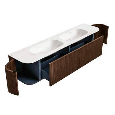 MONDIAZ KURVE-DLUX 190cm badmeubel met module 25 Len R kleur Walnut met 2 lades en 2 deuren. Wastafel STOR SMALL dubbel zonder kraangat kleur Ostra.